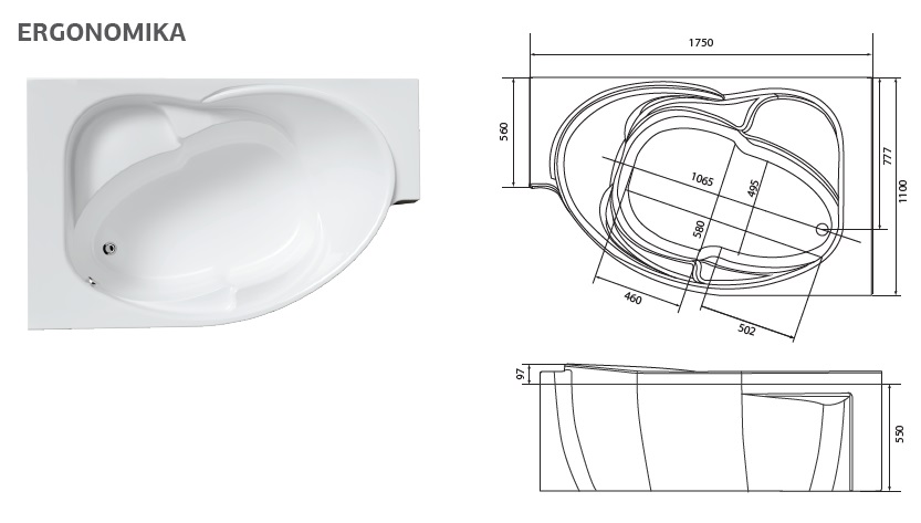 Схема ванны 1MarKa Ergonomika 158-175x110 (Левая)