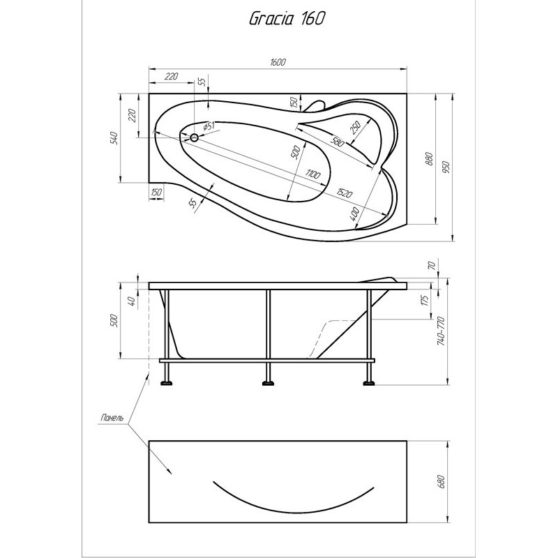 Схема ванны 1MarKa Gracia 160x95 (Левая) Схема ванны 1MarKa Gracia 160x95 (Левая)