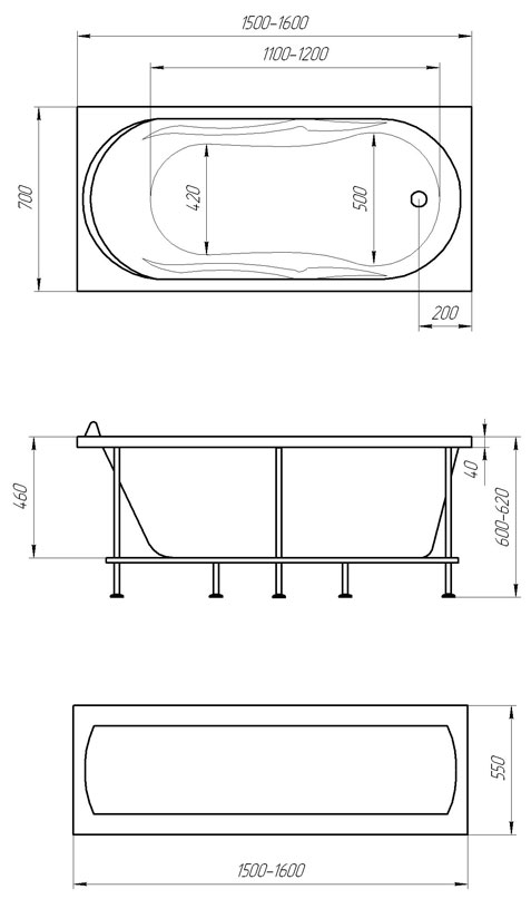 Схема ванны 1MarKa Vita 150x70 Схема ванны 1MarKa Vita 150x70