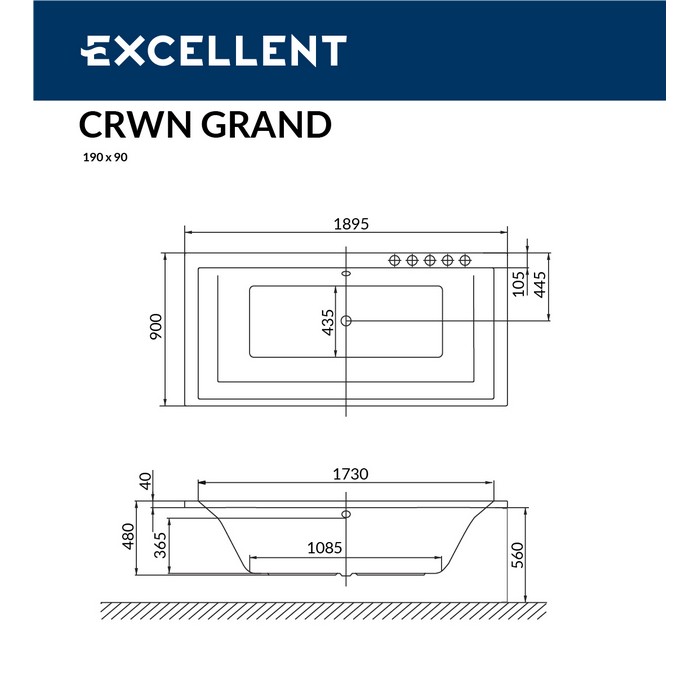 Схема ванны Excellent Crown Grand 190x90 с гидромассажем