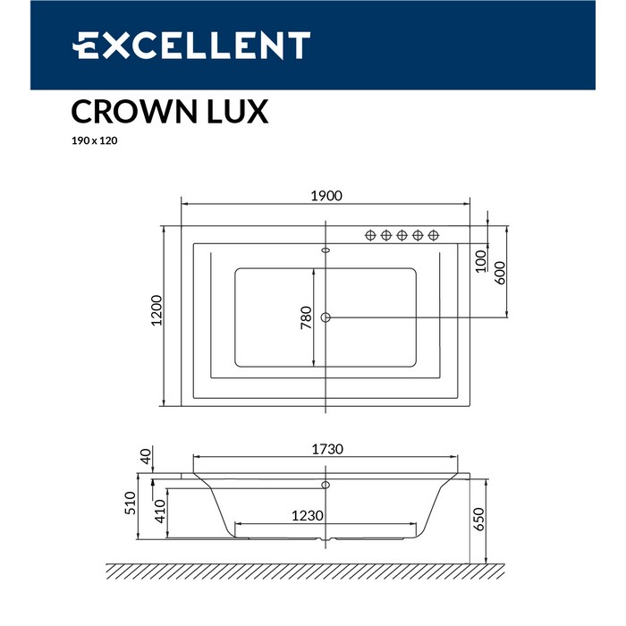 Схема ванны Excellent Crown Lux 190x120 с гидромассажем