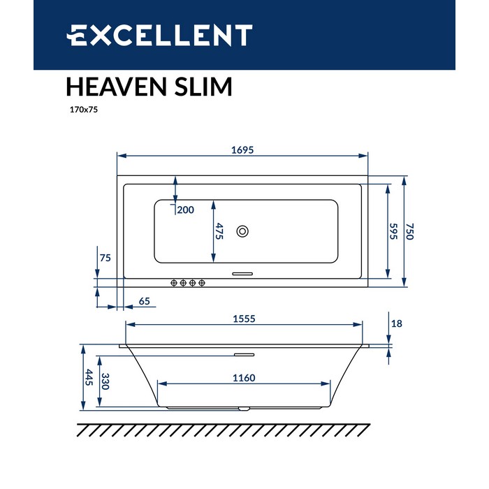 Схема ванны Excellent Heaven Slim 170x75 с гидромассажем