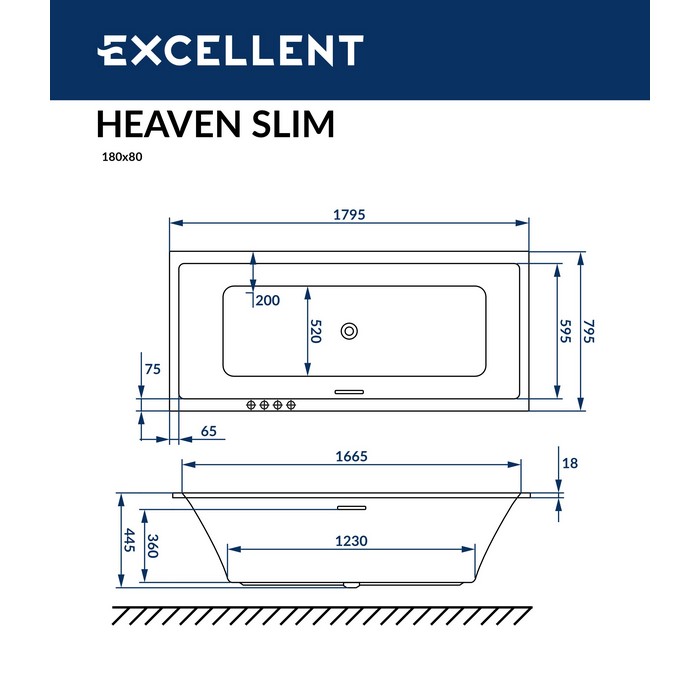 Схема ванны Excellent Heaven Slim 180x80 Схема ванны Excellent Heaven Slim 180x80 с гидромассажем