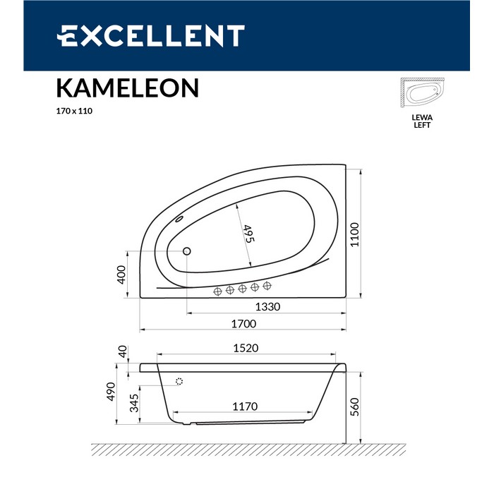 Схема ванны Excellent Kameleon 170x110 (левая) Схема ванны Excellent Kameleon 170x110 (левая) с гидромассажем
