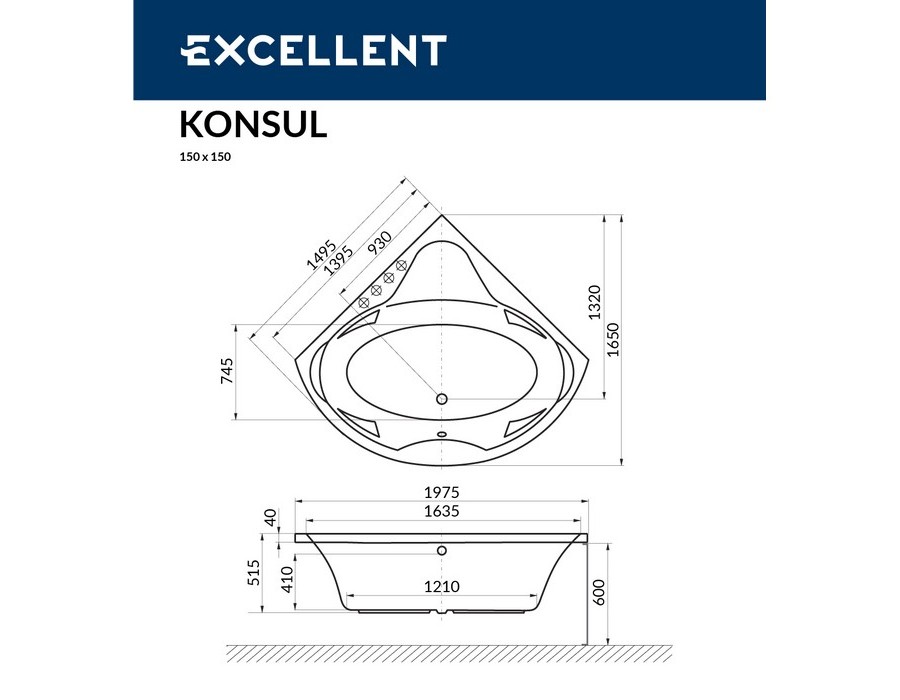 Схема ванны Excellent Konsul 150x150 Схема ванны Excellent Konsul 150x150 с гидромассажем