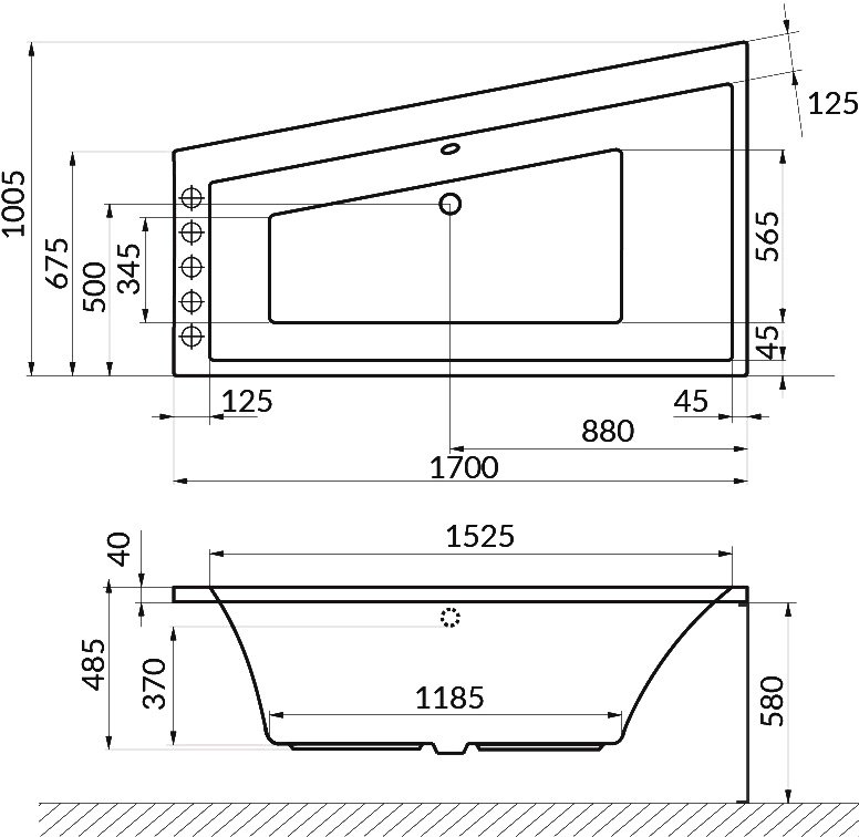 Схема ванны Excellent Sfera 170x100 (левая) Схема ванны Excellent Sfera 170x100 (левая) с гидромассажем