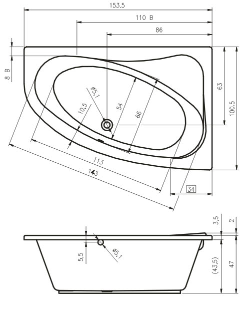 Схема ванны Riho Lyra 153x100 (Правая)