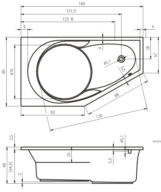 Схема ванны Riho Yukon 160x90 (Левая)