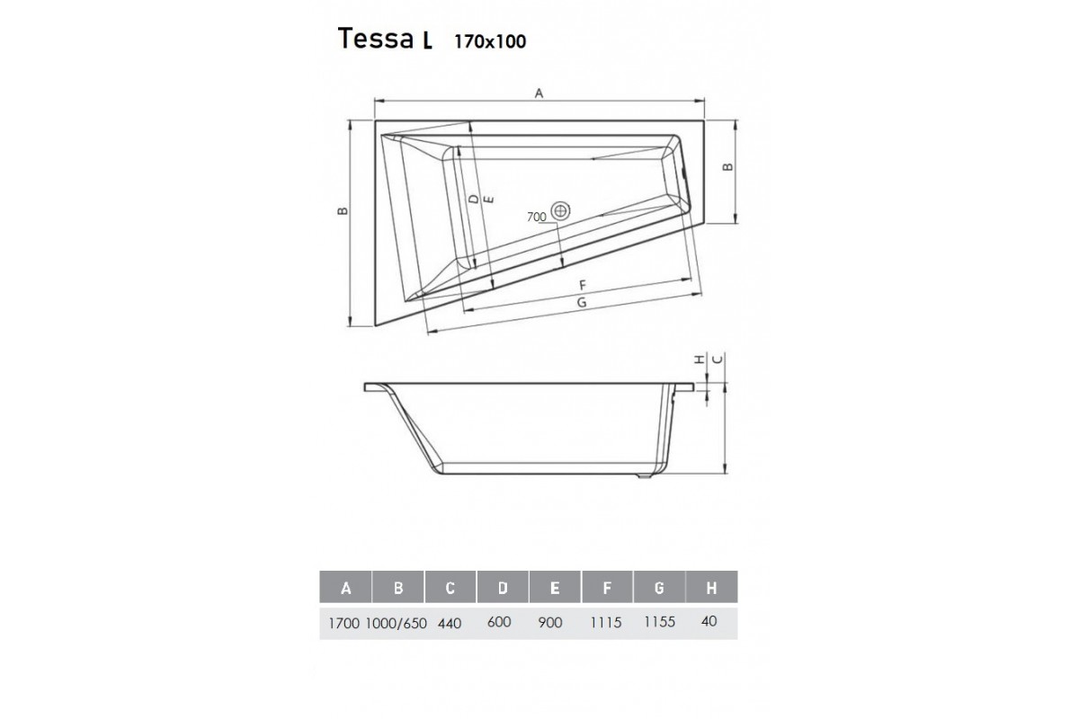 Схема ванна Vayer Tessa L 170x100 (Левая)