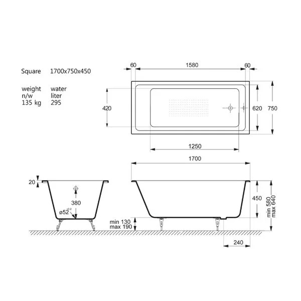 Схема ванны Vinsent Veron Square 170x75 (с ручками) схема